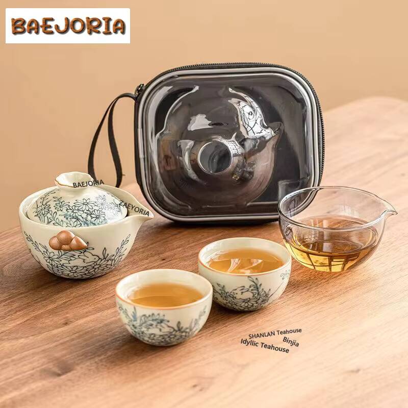 Korean Tea Set - Niedliches Hasen-Sonnenblumen-Ru-Kiln-Teeservice-Set, Elegantes 1 Kanne 2
